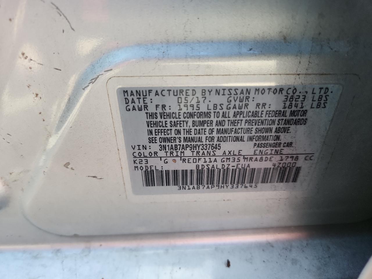 2017 Nissan Sentra S VIN: 3N1AB7AP9HY337645 Lot: 64947055