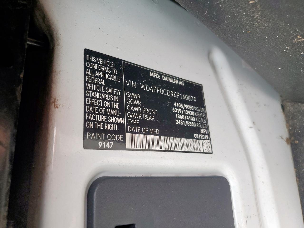 2019 Mercedes-Benz Sprinter 2500/3500 VIN: WD4PF0CD9KP160874 Lot: 63596115