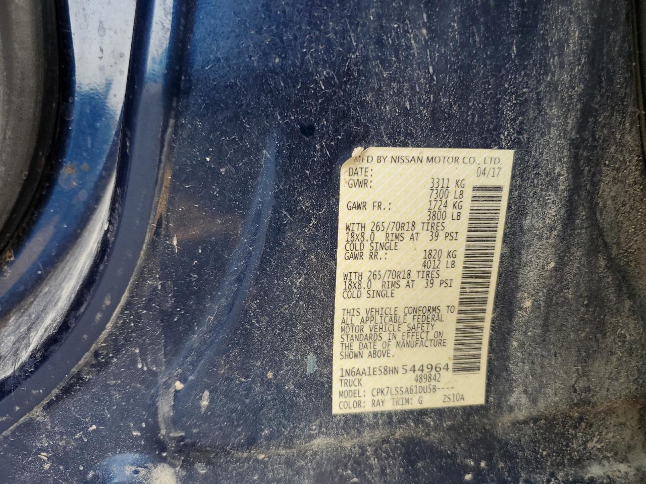 2017 Nissan Titan Sv VIN: 1N6AA1E58HN544964 Lot: 65633855