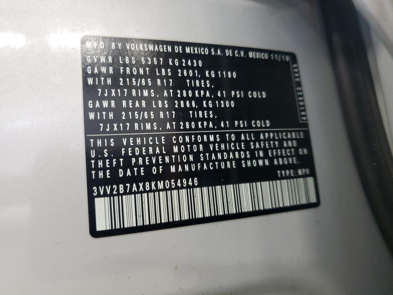2019 Volkswagen Tiguan Se VIN: 3VV2B7AX8KM054946 Lot: 65143075
