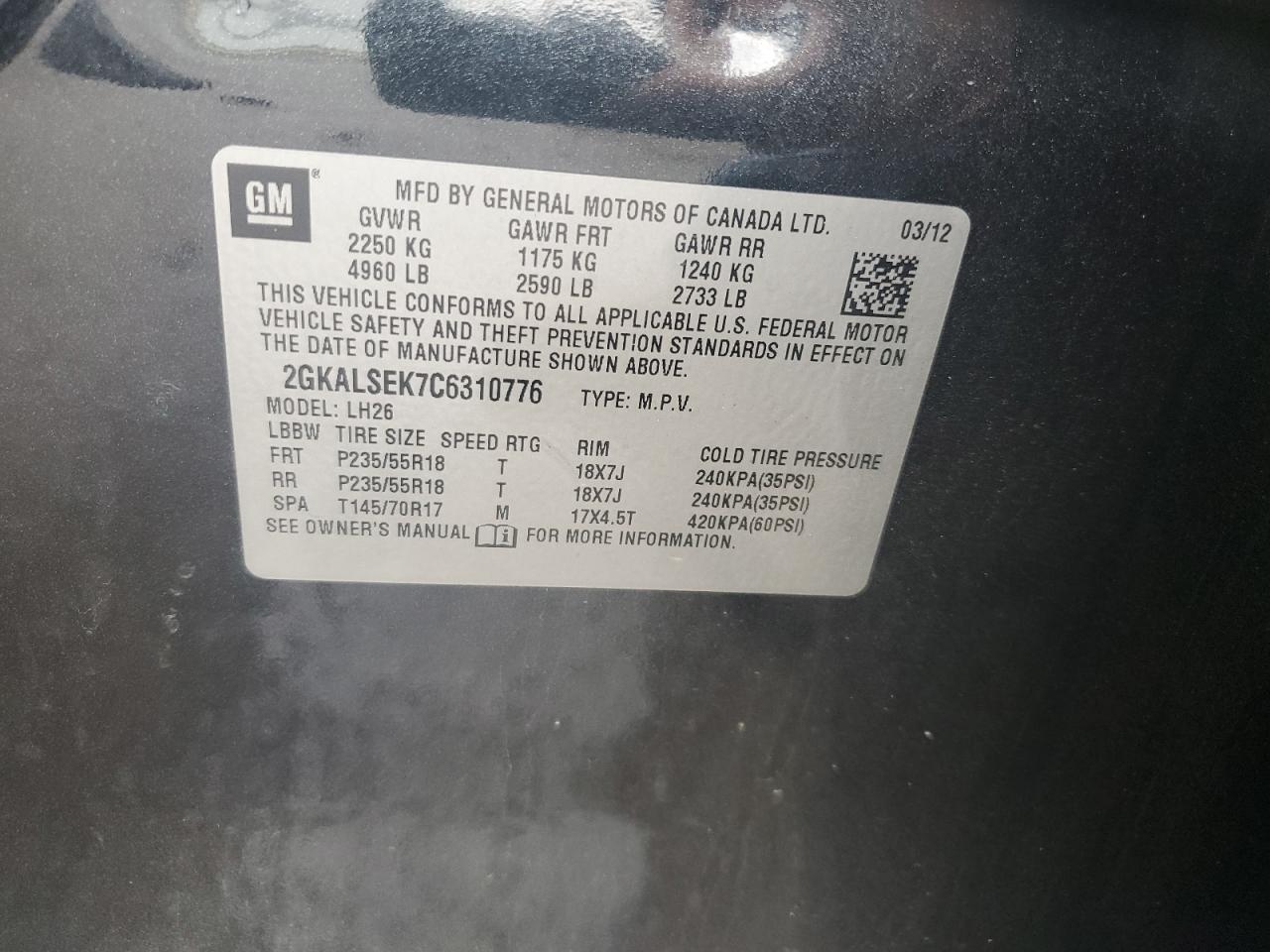 2012 GMC Terrain Sle VIN: 2GKALSEK7C6310776 Lot: 63791285