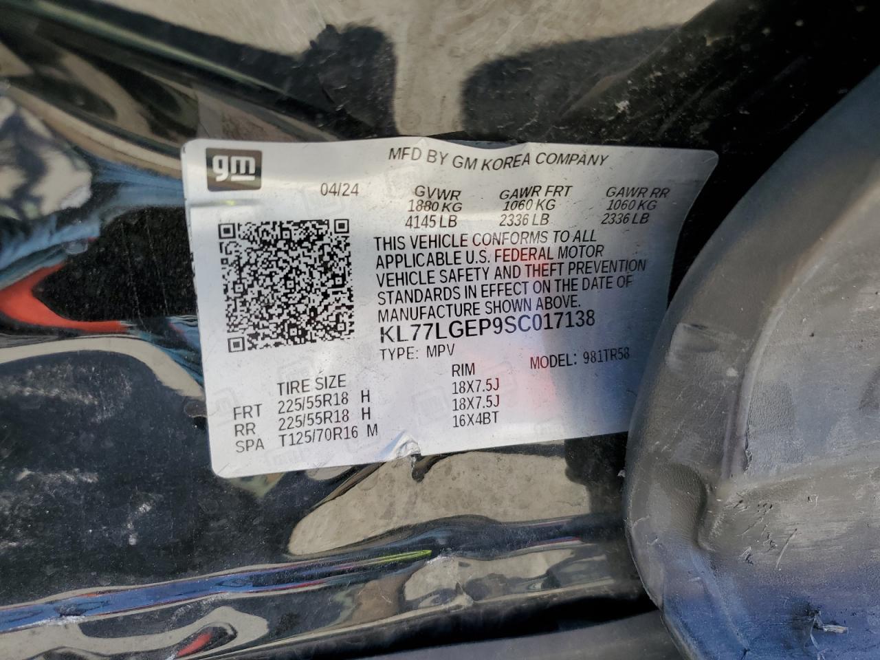 2025 Chevrolet Trax 1Rs VIN: KL77LGEP9SC017138 Lot: 62344585