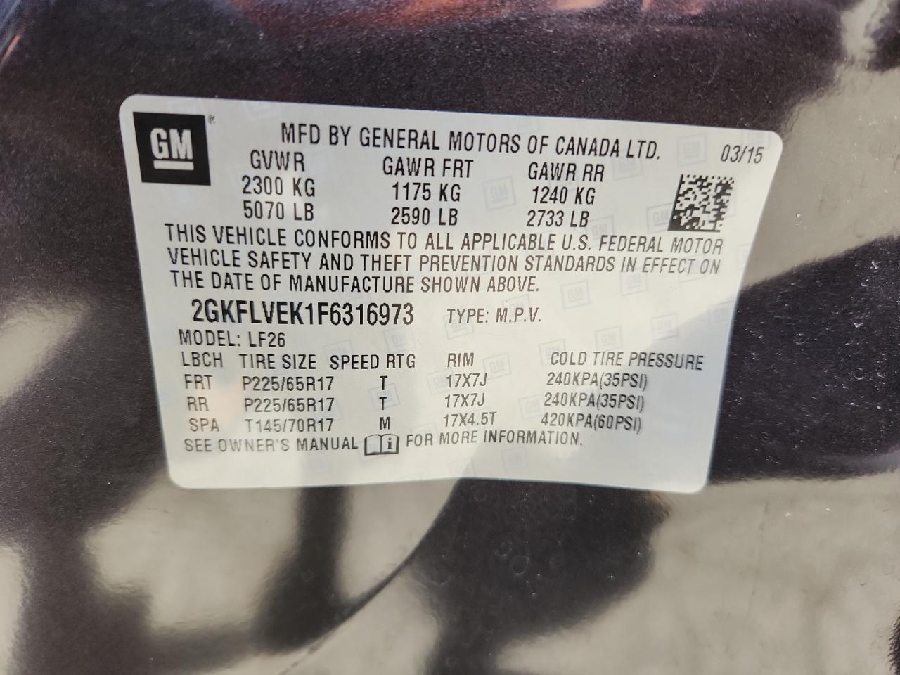 2015 GMC Terrain Sle VIN: 2GKFLVEK1F6316973 Lot: 64748505