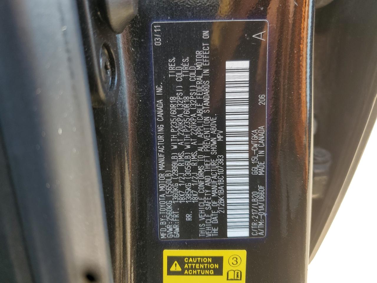 2011 Lexus Rx 350 VIN: 2T2BK1BA1BC107383 Lot: 62875575