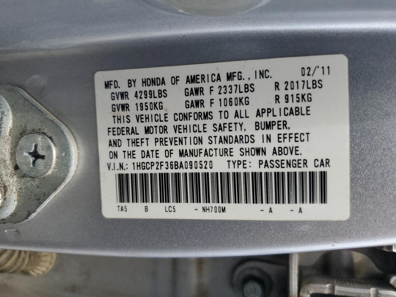 2011 Honda Accord Lx VIN: 1HGCP2F36BA090520 Lot: 65019575
