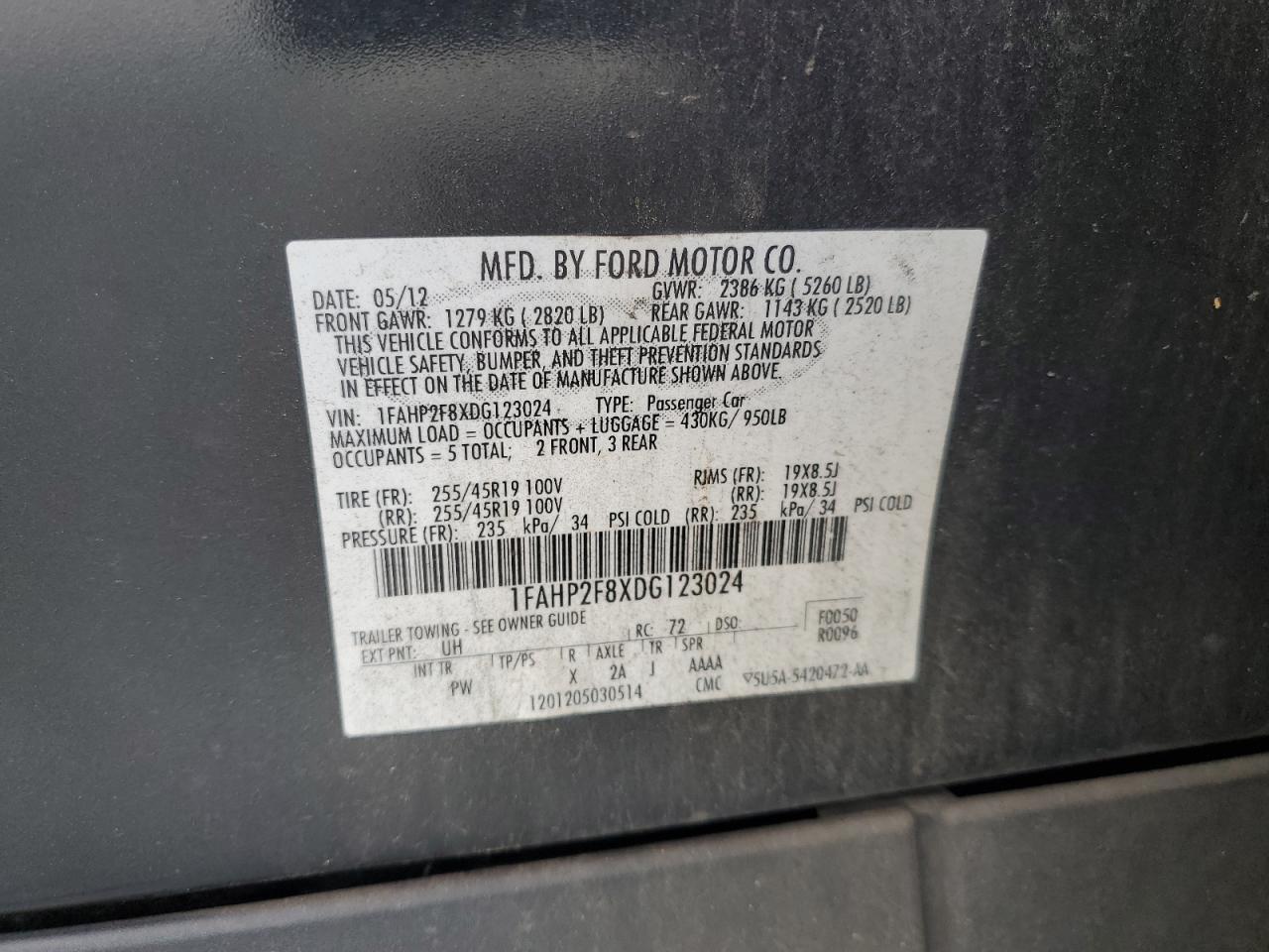 2013 Ford Taurus Limited VIN: 1FAHP2F8XDG123024 Lot: 64470095