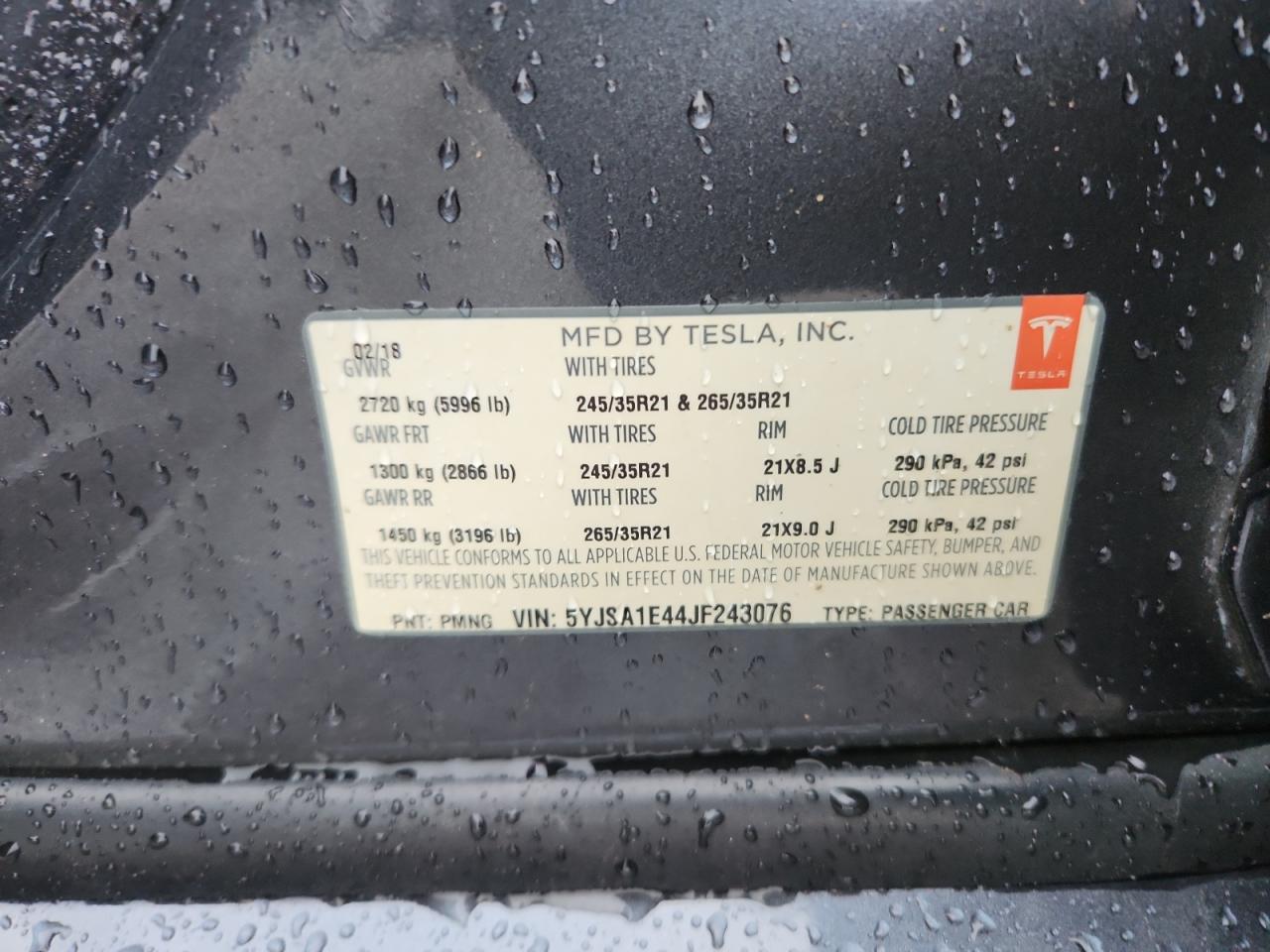 2018 Tesla Model S VIN: 5YJSA1E44JF243076 Lot: 63988515