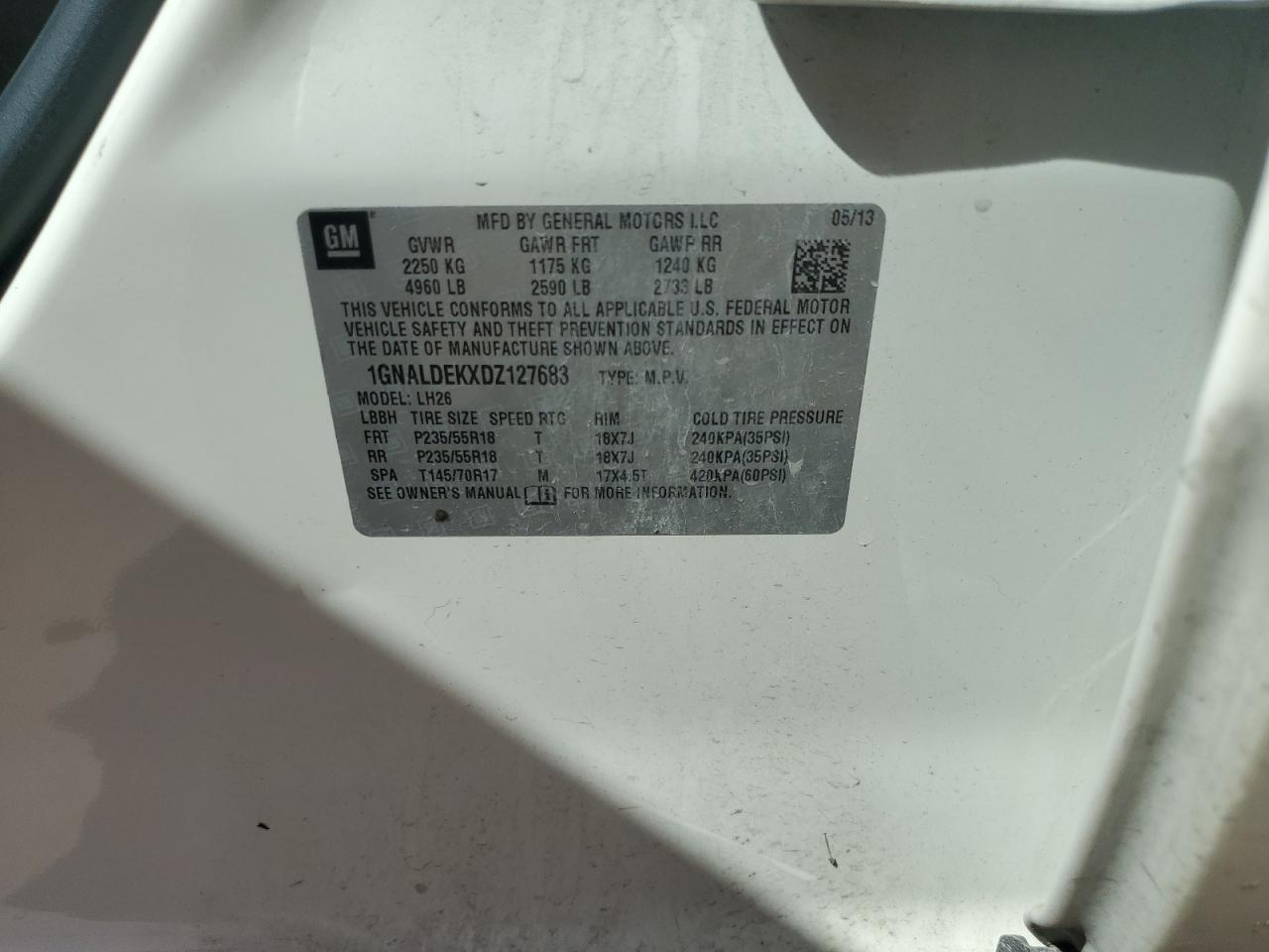 2013 Chevrolet Equinox Lt VIN: 1GNALDEKXDZ127683 Lot: 66367145