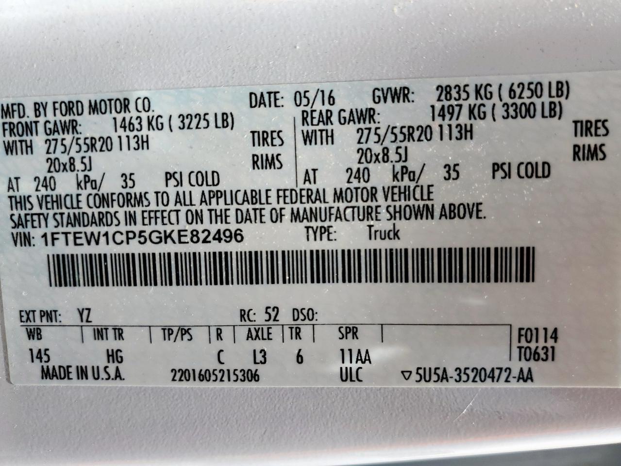 2016 Ford F150 Supercrew VIN: 1FTEW1CP5GKE82496 Lot: 65187955