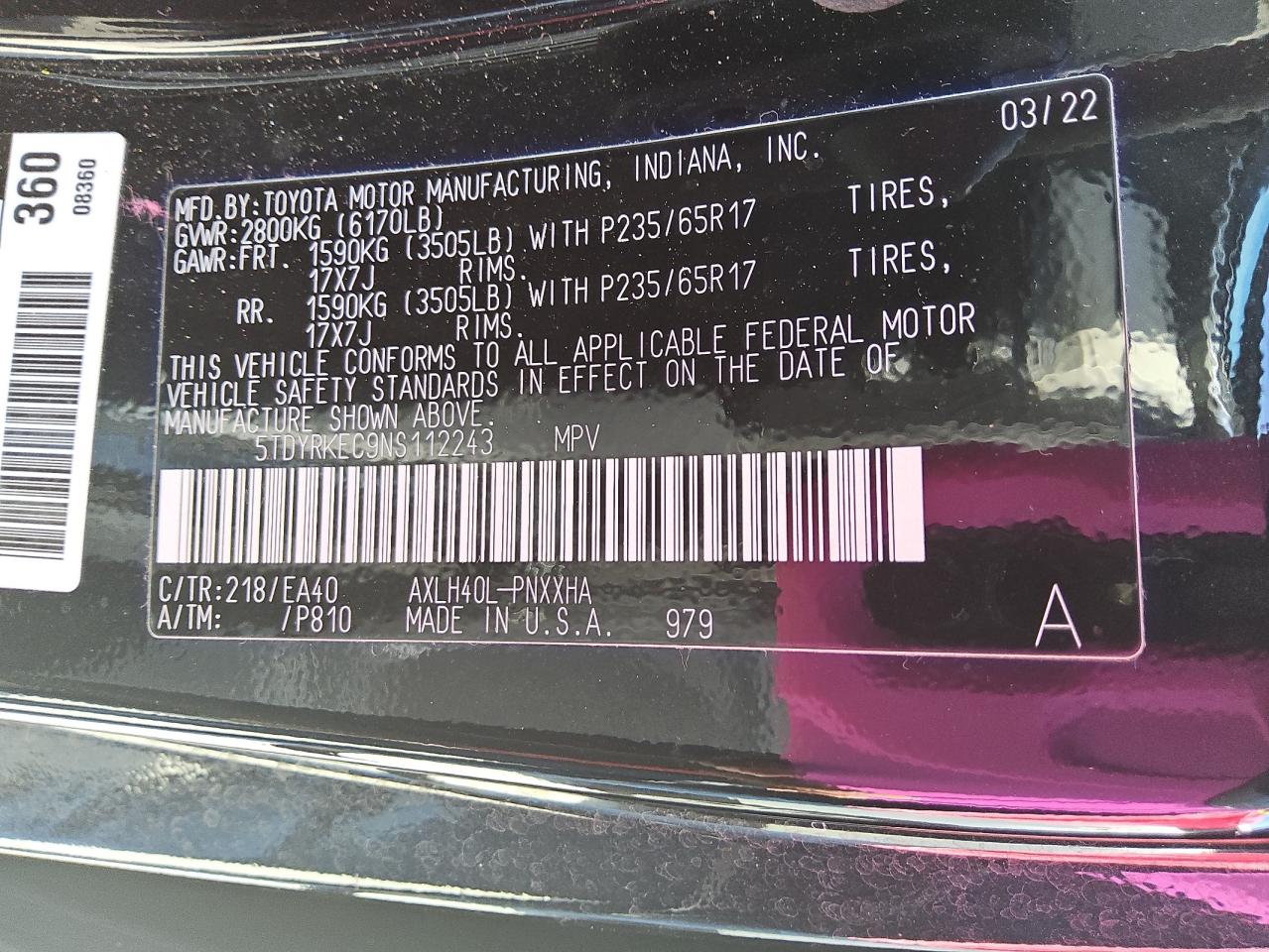 2022 Toyota Sienna Xle VIN: 5TDYRKEC9NS112243 Lot: 63239075