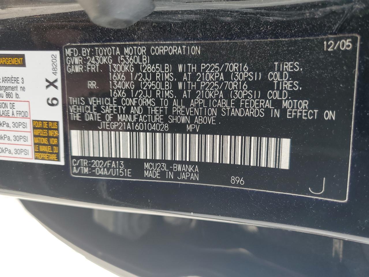 2006 Toyota Highlander Limited VIN: JTEGP21A160104028 Lot: 64479485