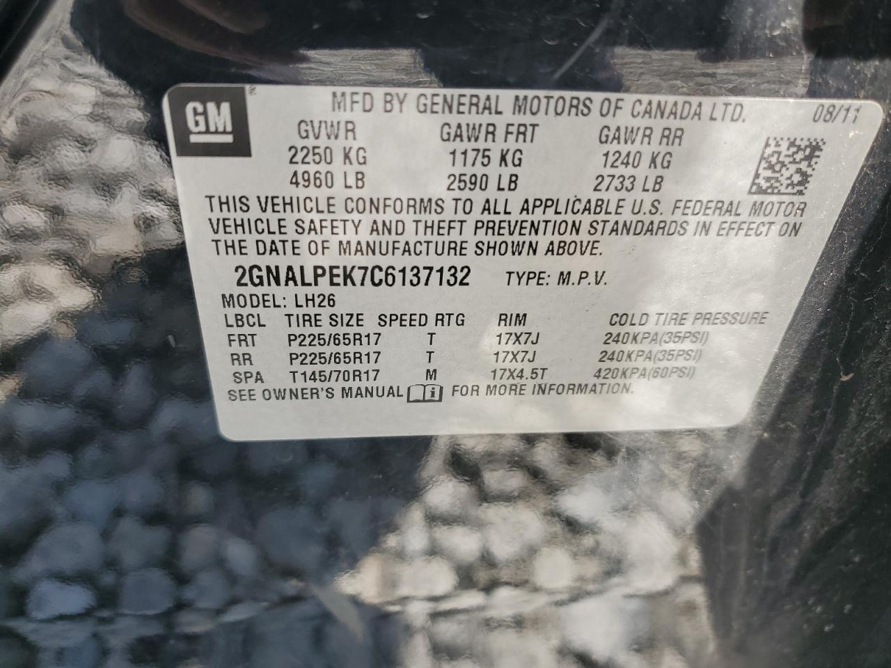2012 Chevrolet Equinox Lt VIN: 2GNALPEK7C6137132 Lot: 65408475