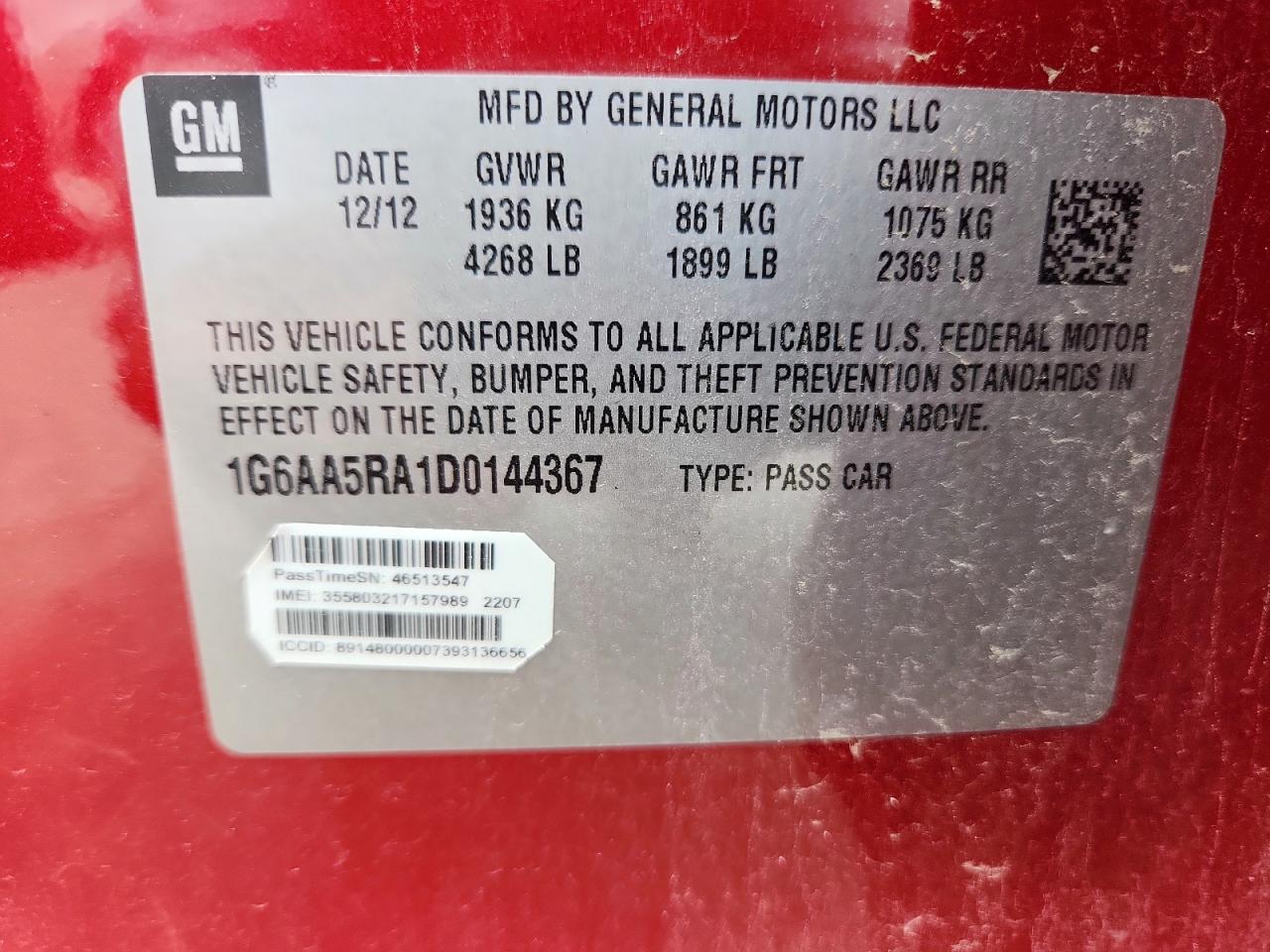 2013 Cadillac Ats VIN: 1G6AA5RA1D0144367 Lot: 62950765
