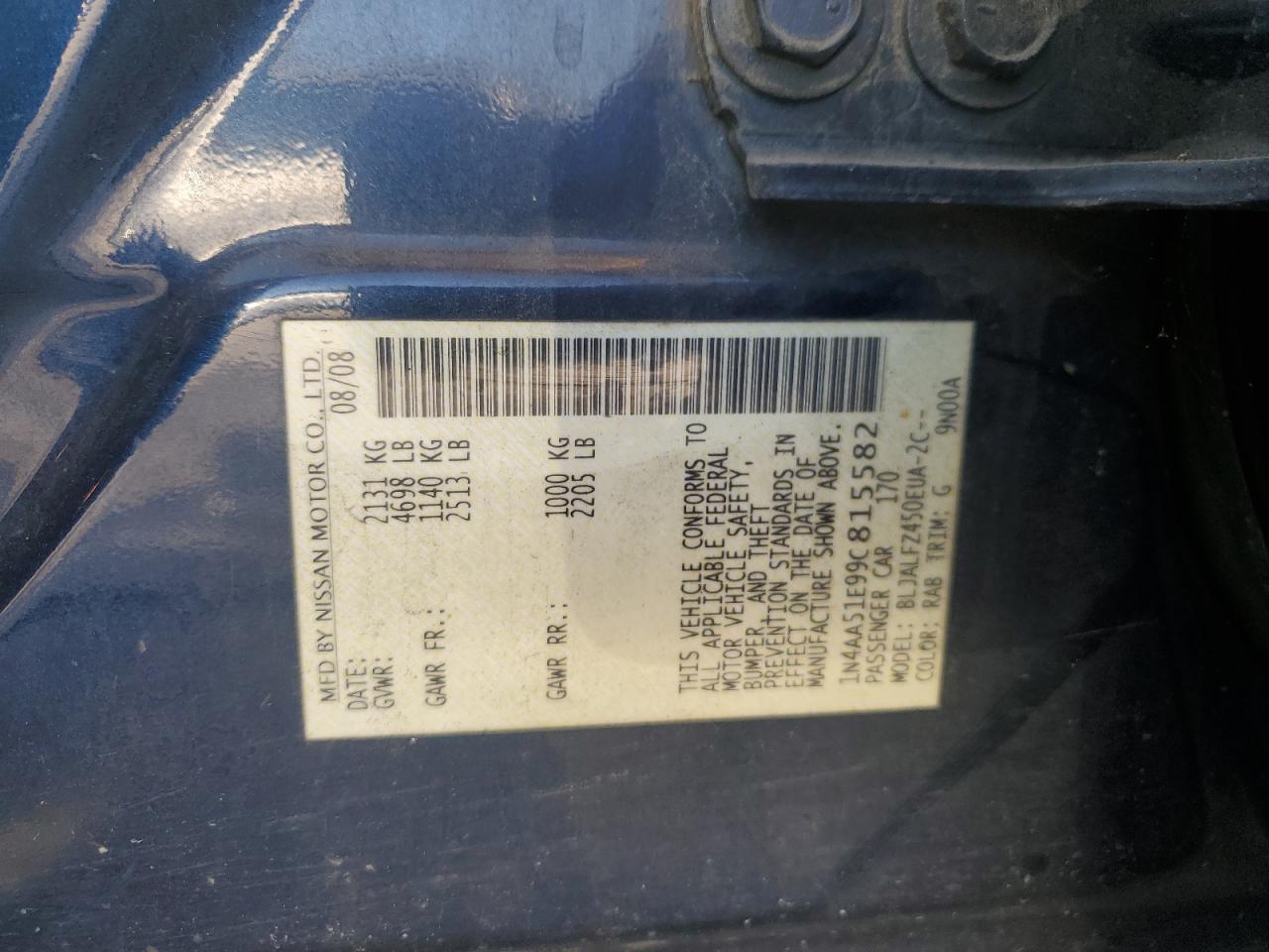 2009 Nissan Maxima S VIN: 1N4AA51E99C815582 Lot: 65073655