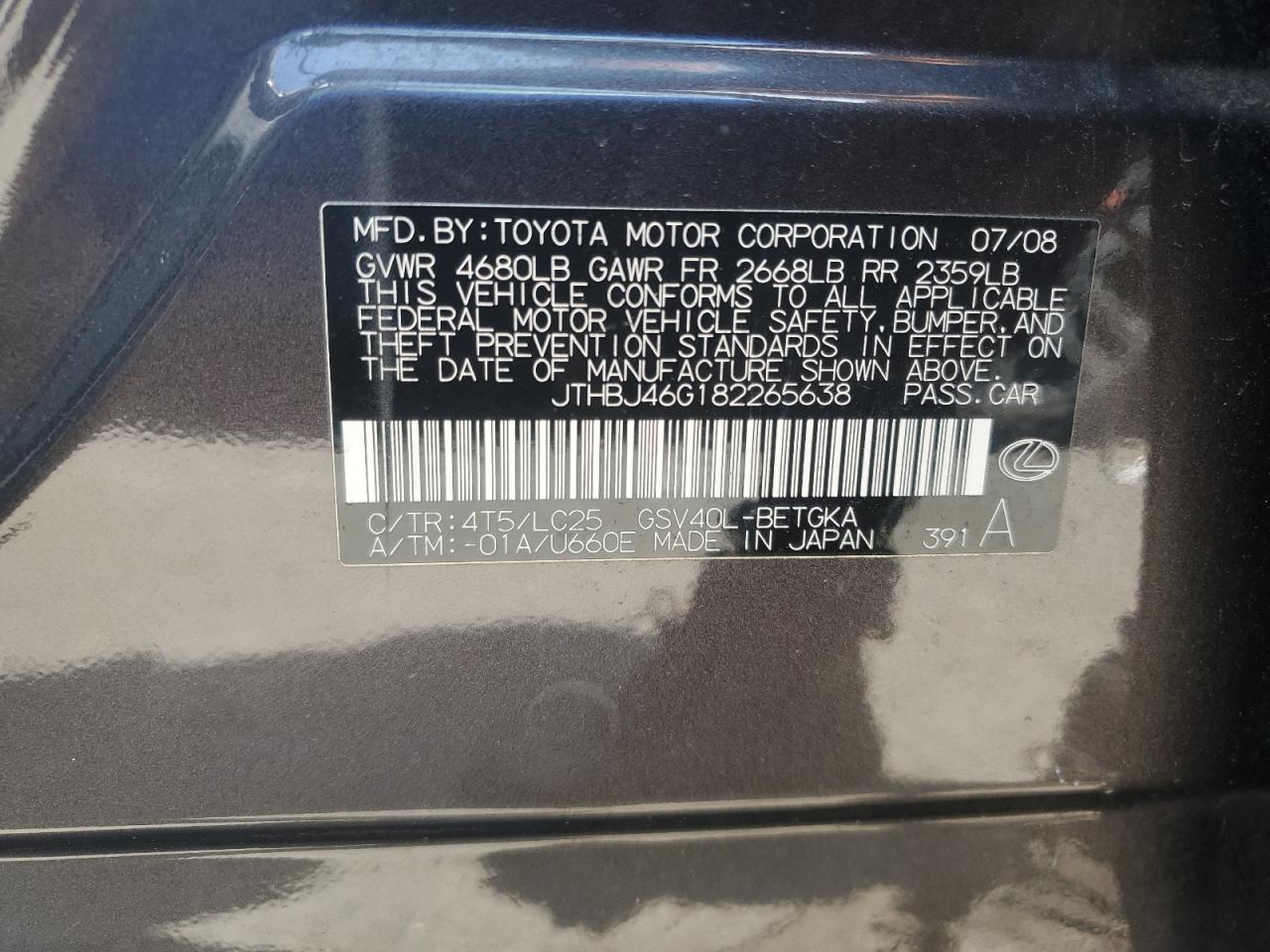 2008 Lexus Es 350 VIN: JTHBJ46G182265638 Lot: 61140815
