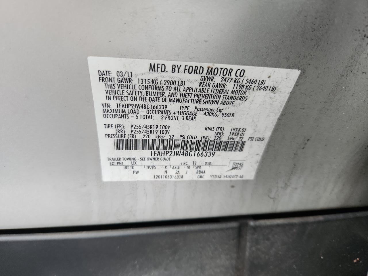 2011 Ford Taurus Limited VIN: 1FAHP2JW4BG166339 Lot: 63532695
