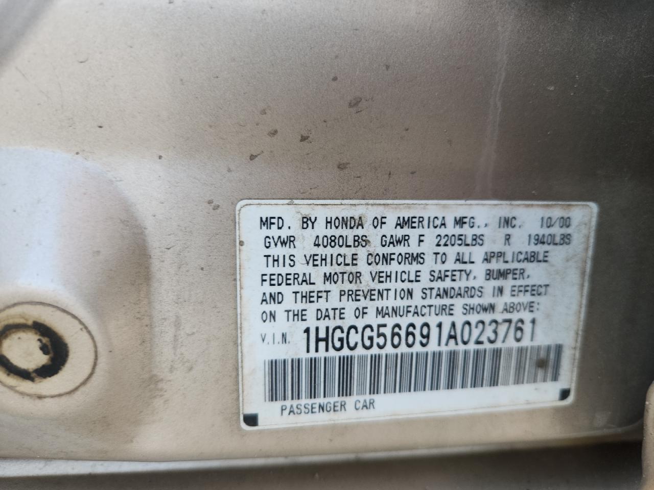 2001 Honda Accord Ex VIN: 1HGCG56691A023761 Lot: 63345975