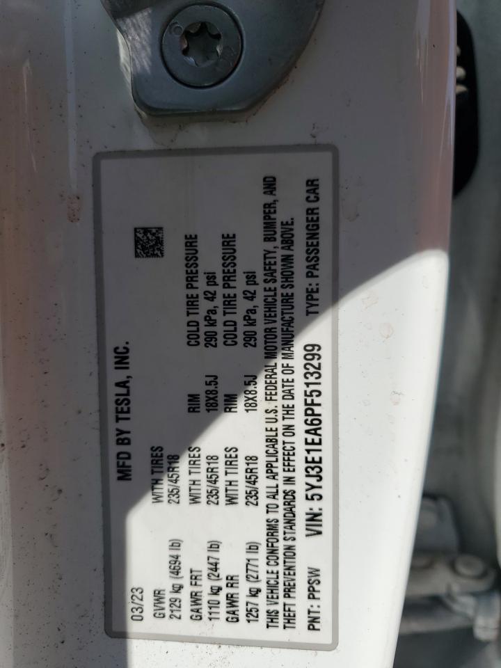 2023 Tesla Model 3 VIN: 5YJ3E1EA6PF513299 Lot: 65276635