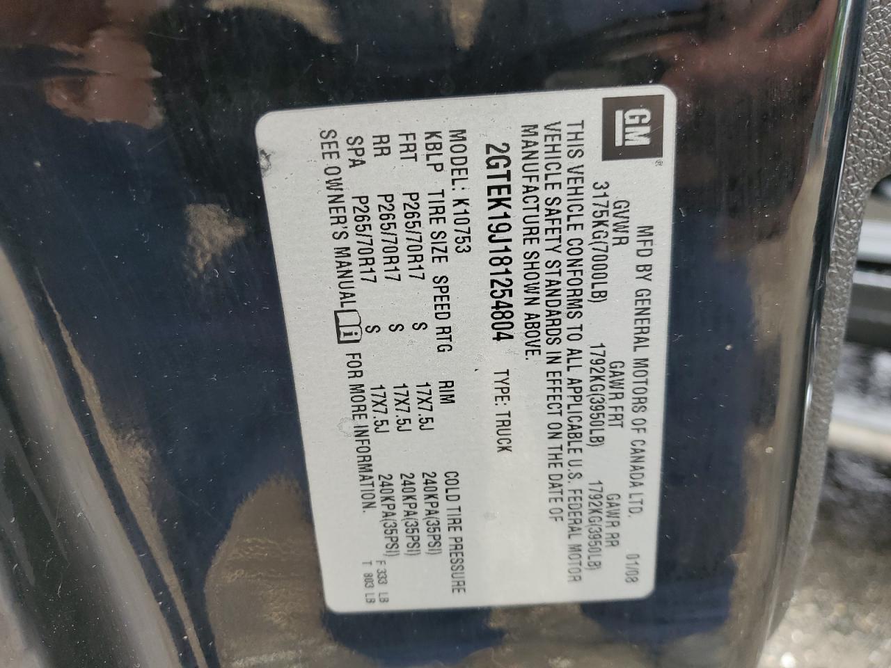 2008 GMC Sierra K1500 VIN: 2GTEK19J181254804 Lot: 62925765