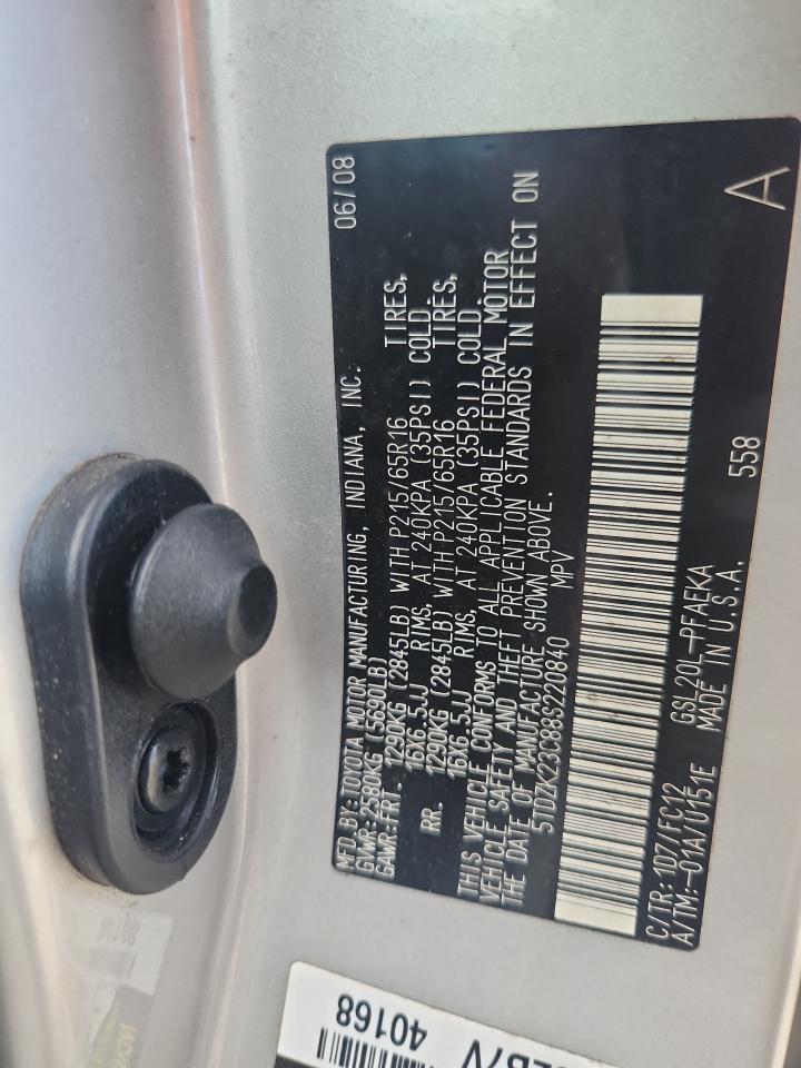 2008 Toyota Sienna Ce VIN: 5TDZK23C88S220840 Lot: 64753195