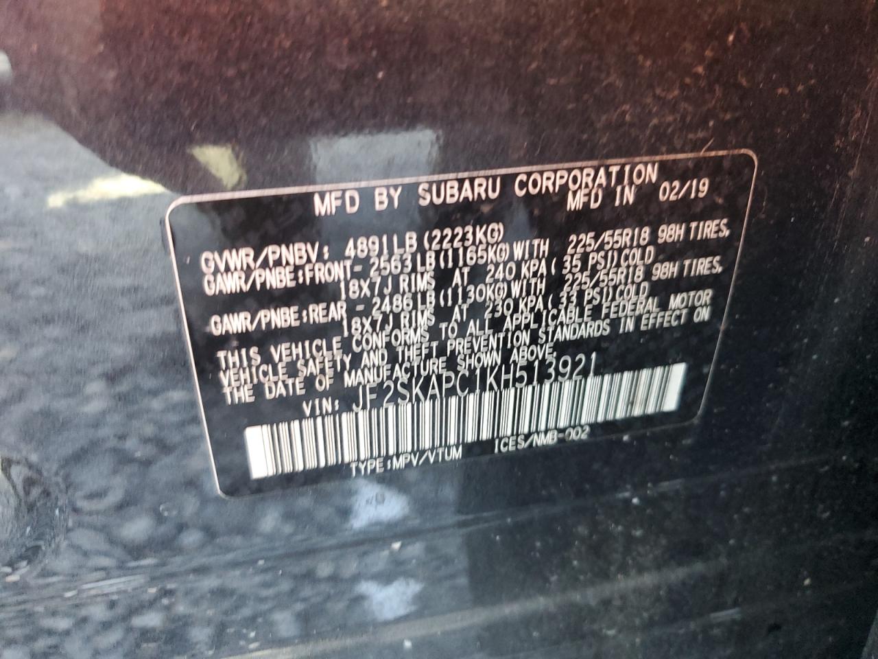 2019 Subaru Forester Sport VIN: JF2SKAPC1KH513921 Lot: 62765955