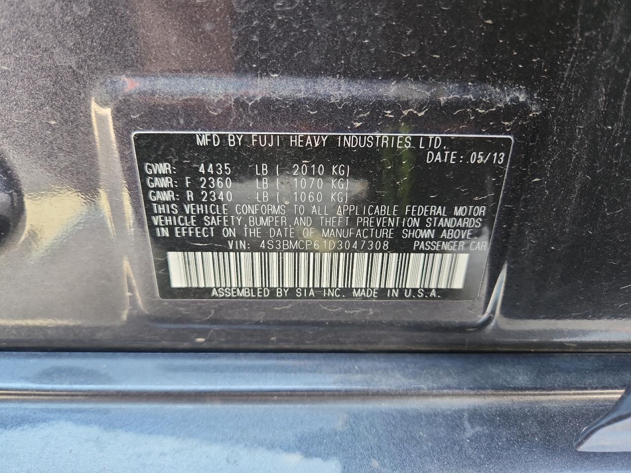 2013 Subaru Legacy 2.5I Limited VIN: 4S3BMCP61D3047308 Lot: 62157105