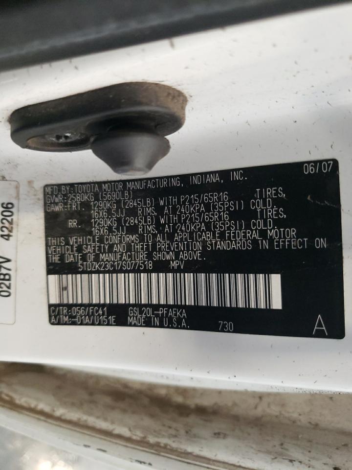 2007 Toyota Sienna Ce VIN: 5TDZK23C17S077518 Lot: 63514625