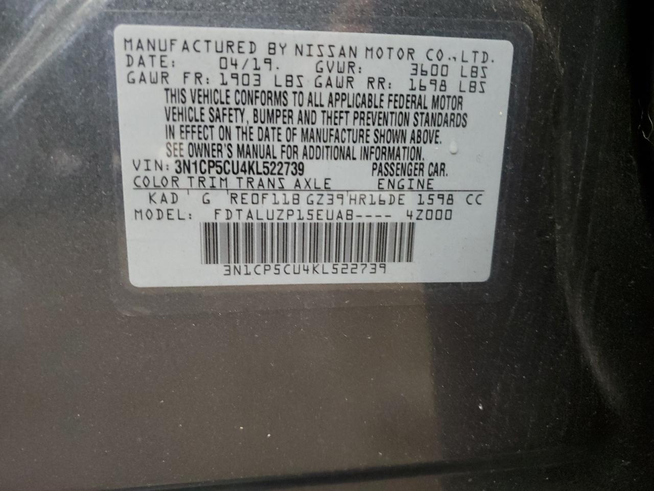 2019 Nissan Kicks S VIN: 3N1CP5CU4KL522739 Lot: 64367325