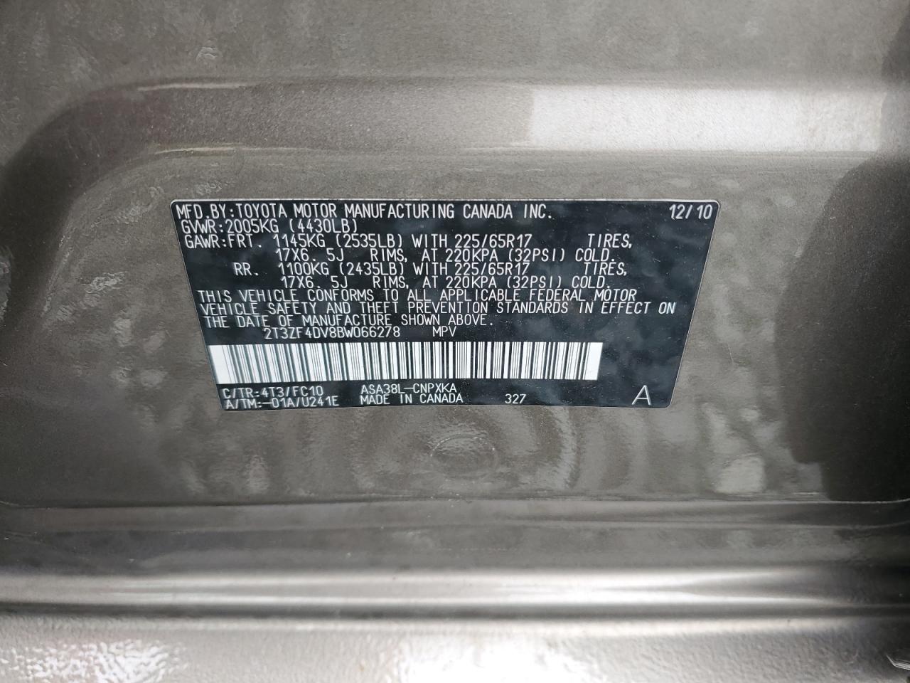 2011 Toyota Rav4 VIN: 2T3ZF4DV8BW066278 Lot: 64171165