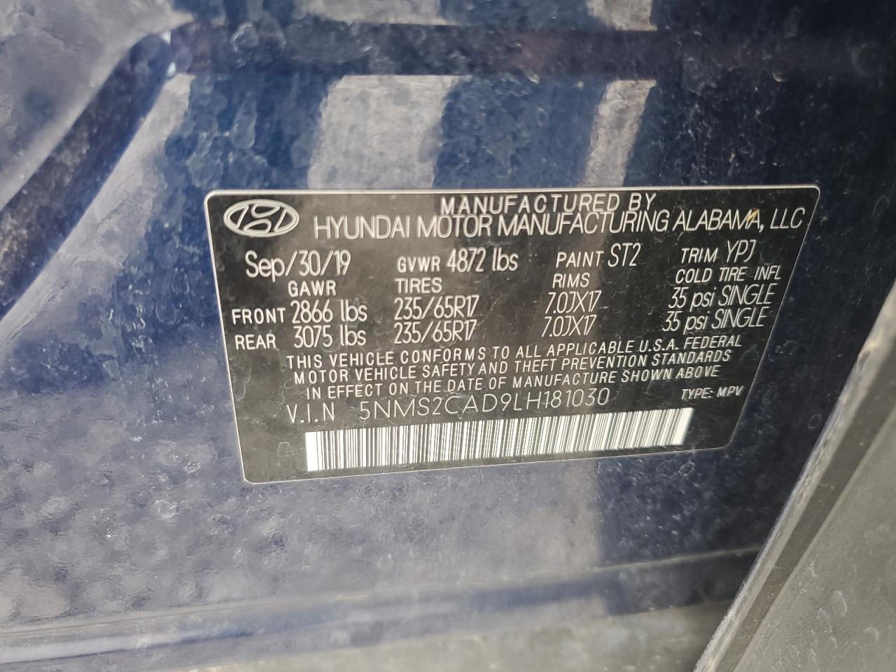 2020 Hyundai Santa Fe Se VIN: 5NMS2CAD9LH181030 Lot: 63650585