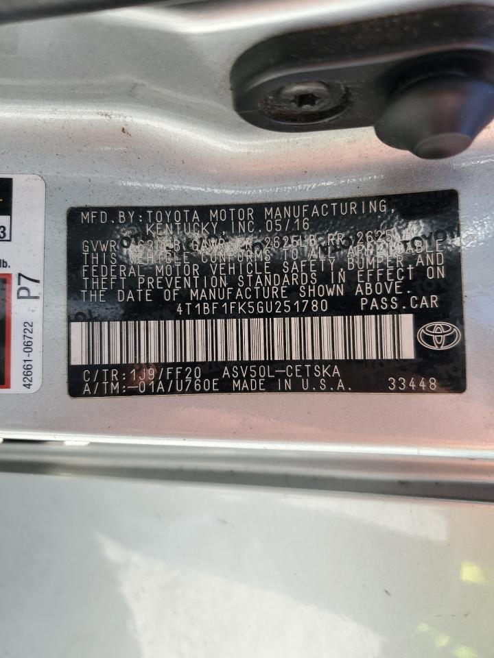 2016 Toyota Camry Le VIN: 4T1BF1FK5GU251780 Lot: 65207285