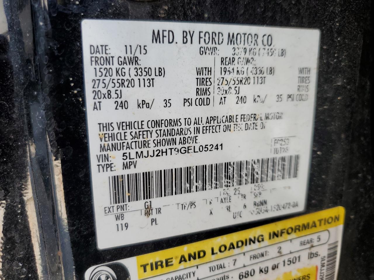 2016 Lincoln Navigator Select VIN: 5LMJJ2HT9GEL05241 Lot: 65010465