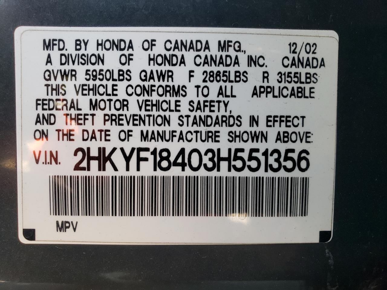 2003 Honda Pilot Ex VIN: 2HKYF18403H551356 Lot: 65259405