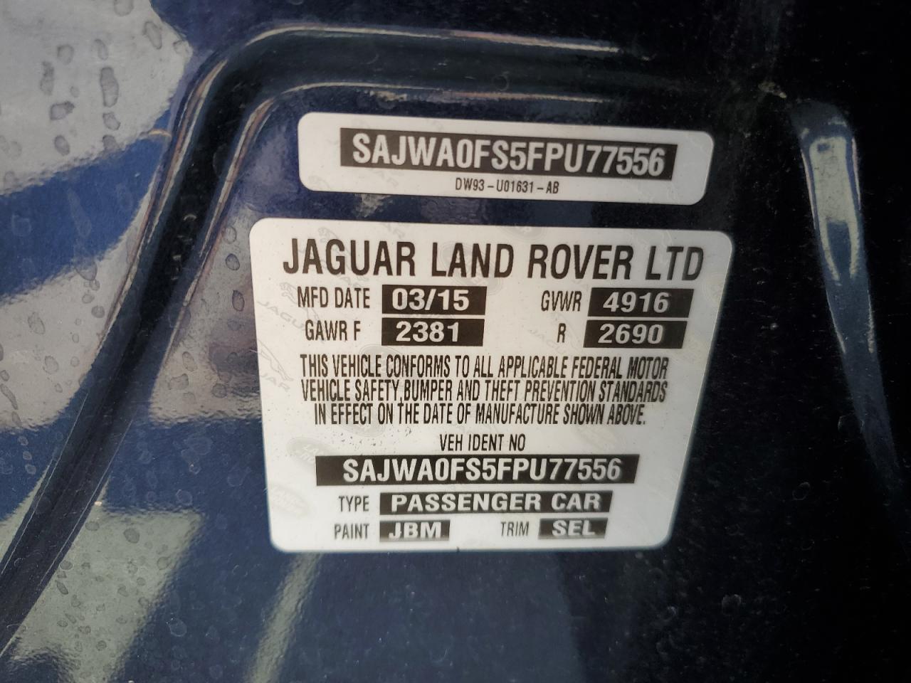 2015 Jaguar Xf 2.0T Premium VIN: SAJWA0FS5FPU77556 Lot: 64901755