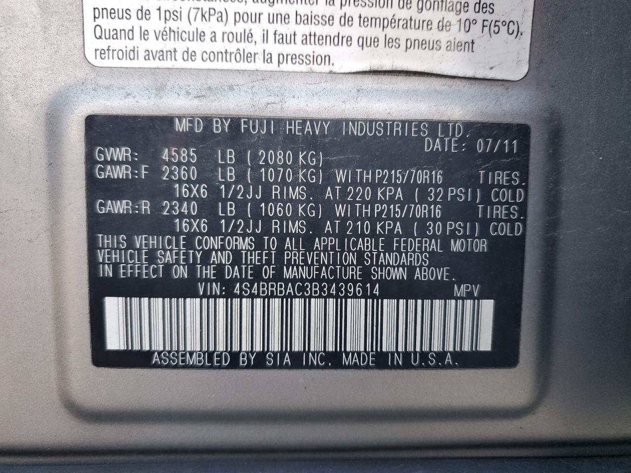 2011 Subaru Outback 2.5I VIN: 4S4BRBAC3B3439614 Lot: 65561785