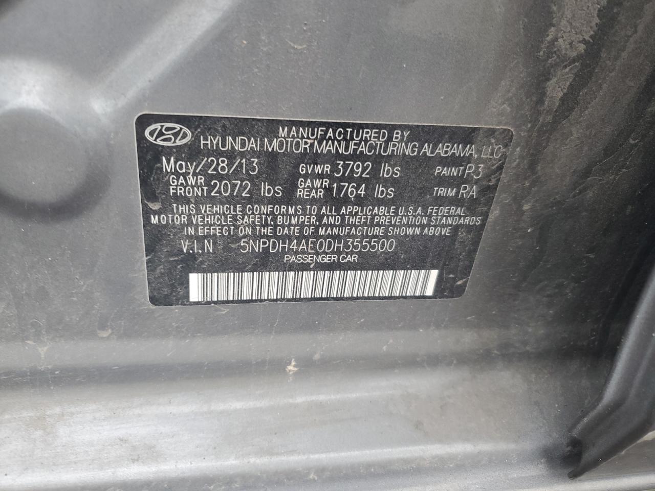 2013 Hyundai Elantra Gls VIN: 5NPDH4AE0DH355500 Lot: 64501795