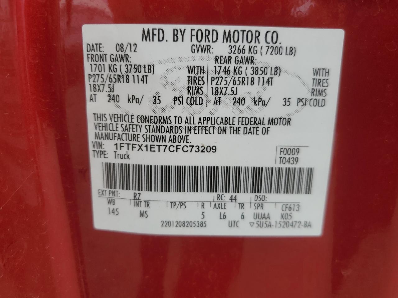 2012 Ford F150 Super Cab VIN: 1FTFX1ET7CFC73209 Lot: 66935935