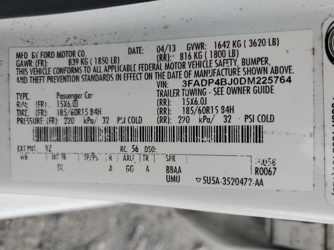 2013 Ford Fiesta Se VIN: 3FADP4BJ0DM225764 Lot: 64122865