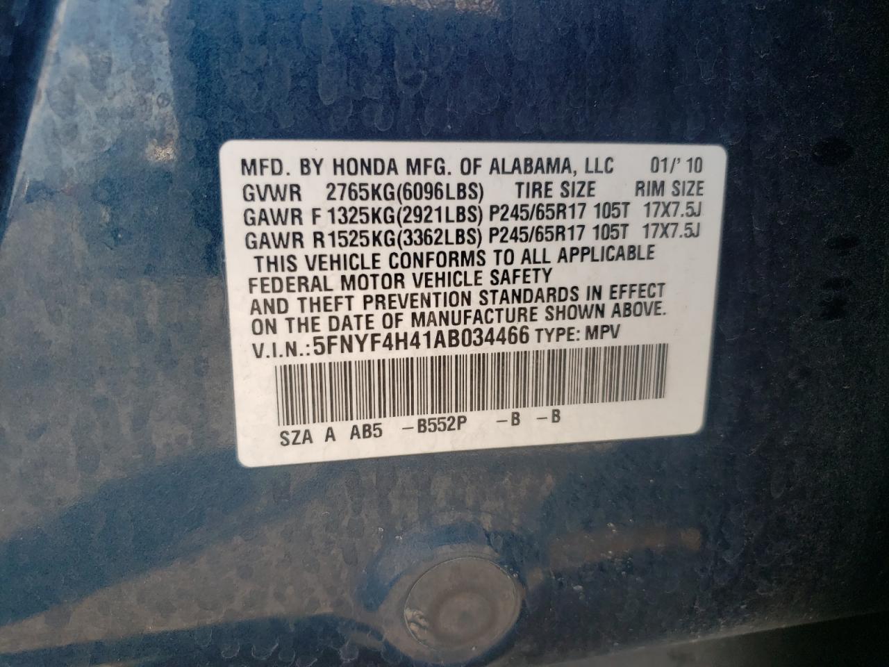 2010 Honda Pilot Ex VIN: 5FNYF4H41AB034466 Lot: 63465445