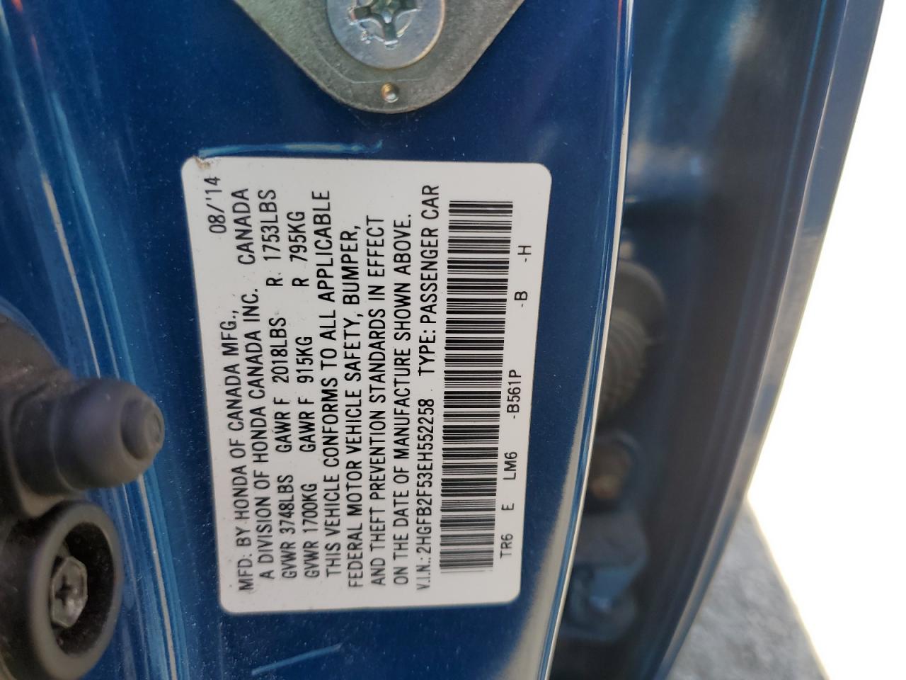 2014 Honda Civic Lx VIN: 2HGFB2F53EH552258 Lot: 64746445