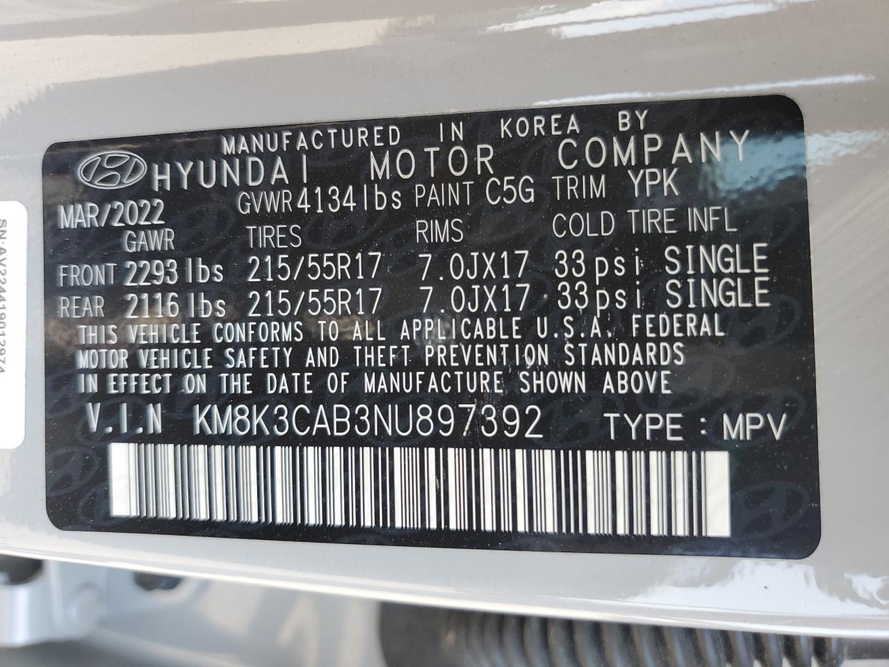 2022 Hyundai Kona Sel VIN: KM8K3CAB3NU897392 Lot: 63090465