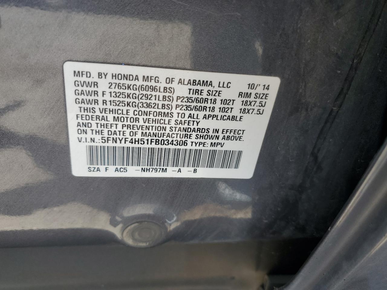 2015 Honda Pilot Exl VIN: 5FNYF4H51FB034306 Lot: 65474595