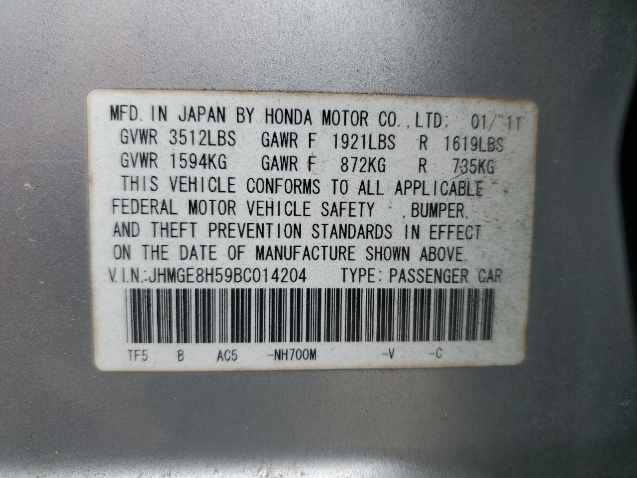 2011 Honda Fit Sport VIN: JHMGE8H59BC014204 Lot: 64602755