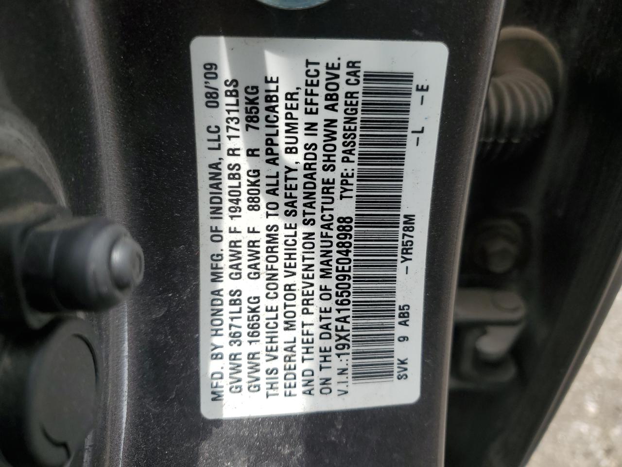 2009 Honda Civic Lx VIN: 19XFA16509E048988 Lot: 63787885