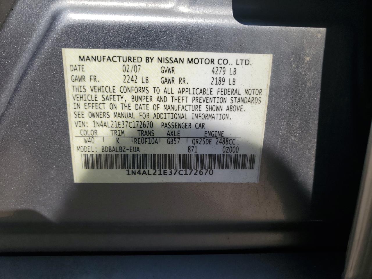2007 Nissan Altima 2.5 VIN: 1N4AL21E37C172670 Lot: 63144965