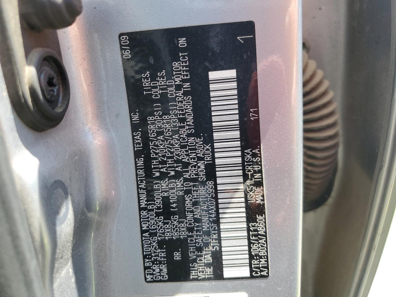 2010 Toyota Tundra Double Cab Sr5 VIN: 5TFRY5F14AX075998 Lot: 65059565