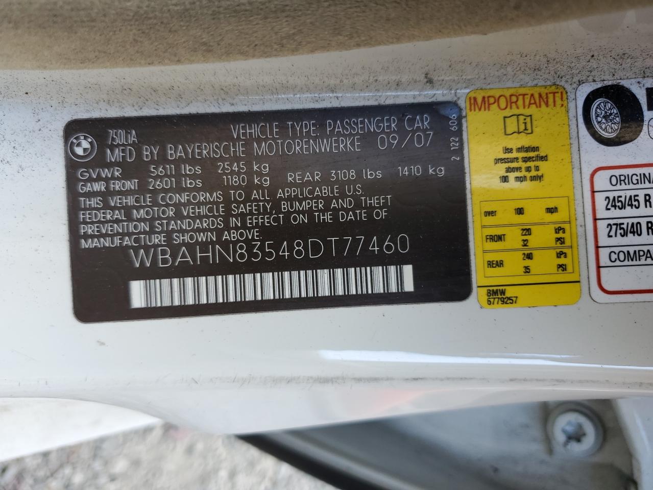 2008 BMW 750 Li VIN: WBAHN83548DT77460 Lot: 66381315