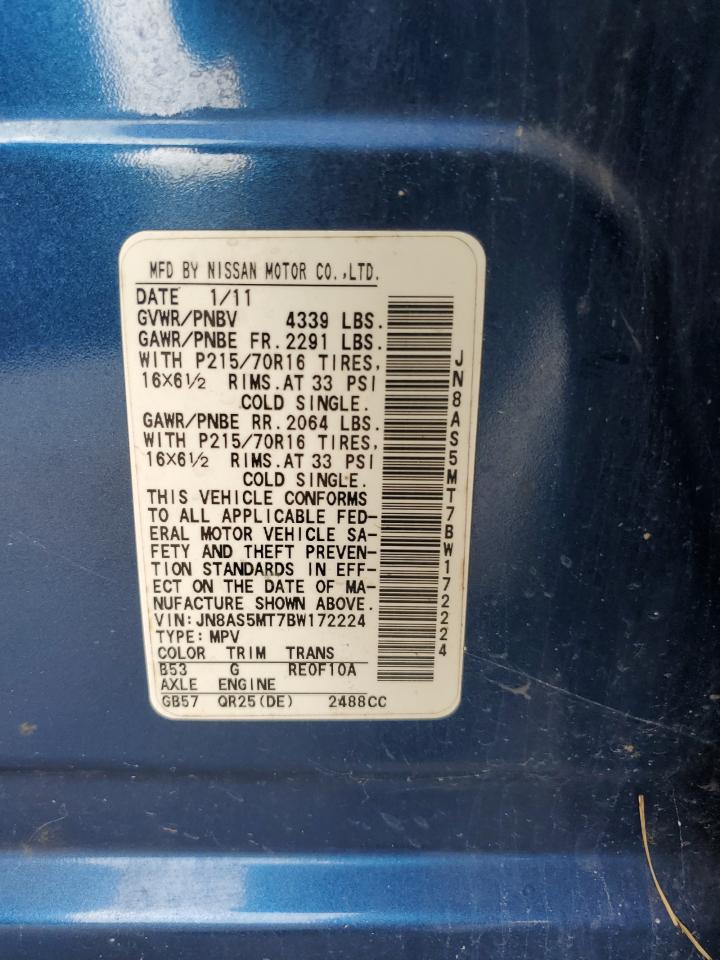 2011 Nissan Rogue S VIN: JN8AS5MT7BW172224 Lot: 66998695