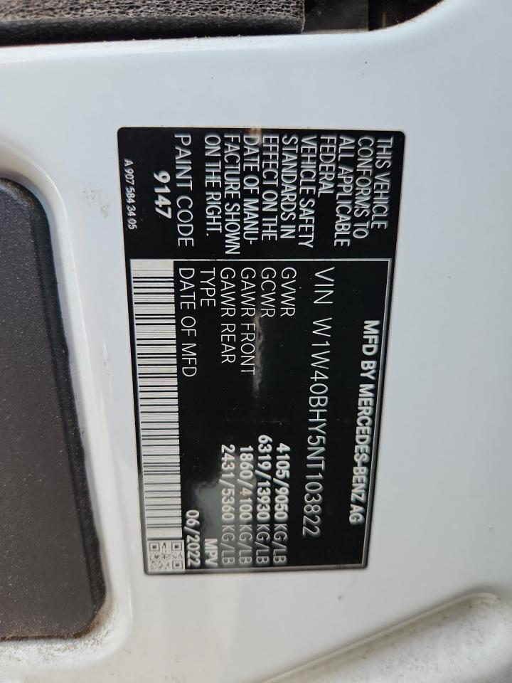 2022 Mercedes-Benz Sprinter 2500 VIN: W1W40BHY5NT103822 Lot: 62827145
