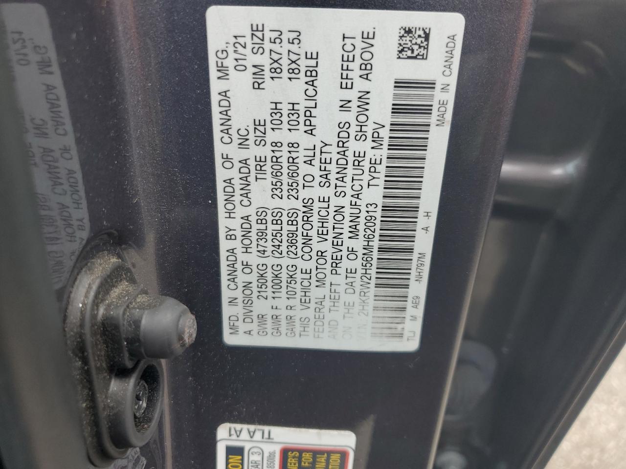 2021 Honda Cr-V Ex VIN: 2HKRW2H56MH620913 Lot: 65325165